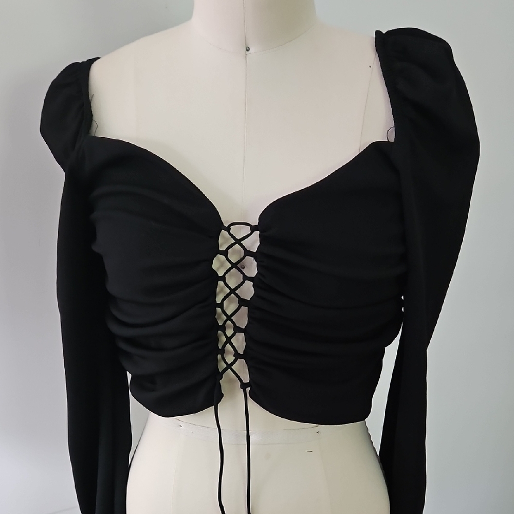 ASOS Black Ruched Lace-Up Blouse